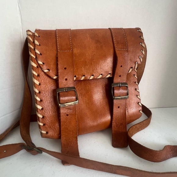 Handbags - Vintage Handmade Leather Satchel Bag Cognac Brown Whipstitch Double Buckle Strap